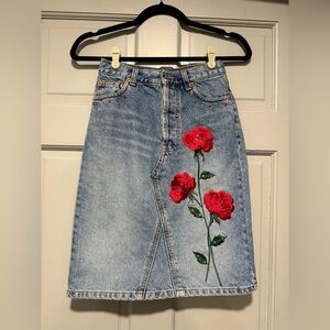 Denim Skirt with Red Rose Embroidery